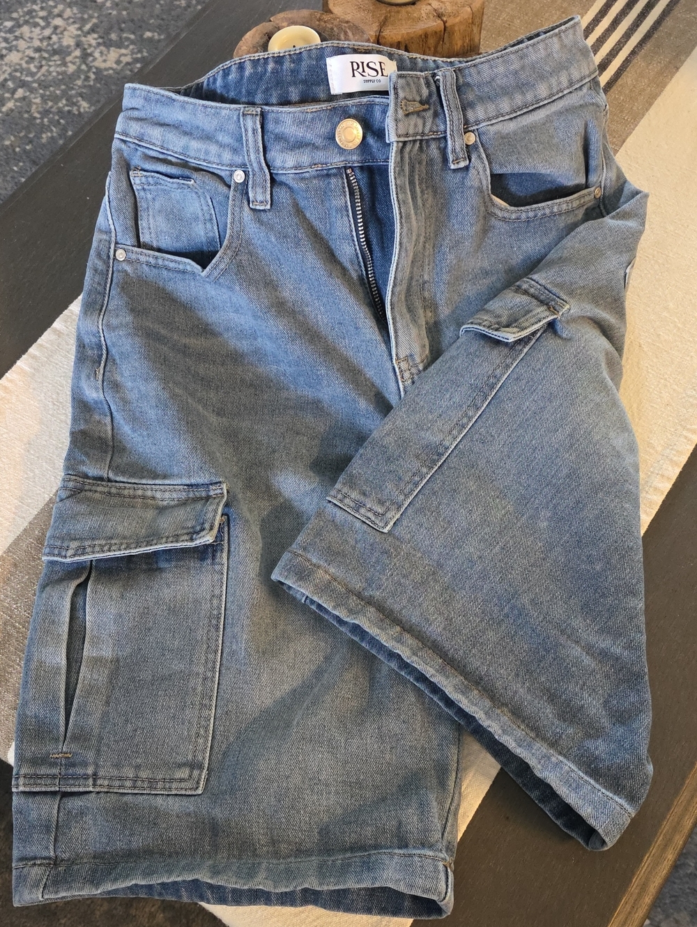 Rise Denim Light Blue Cargo Jean Shorts